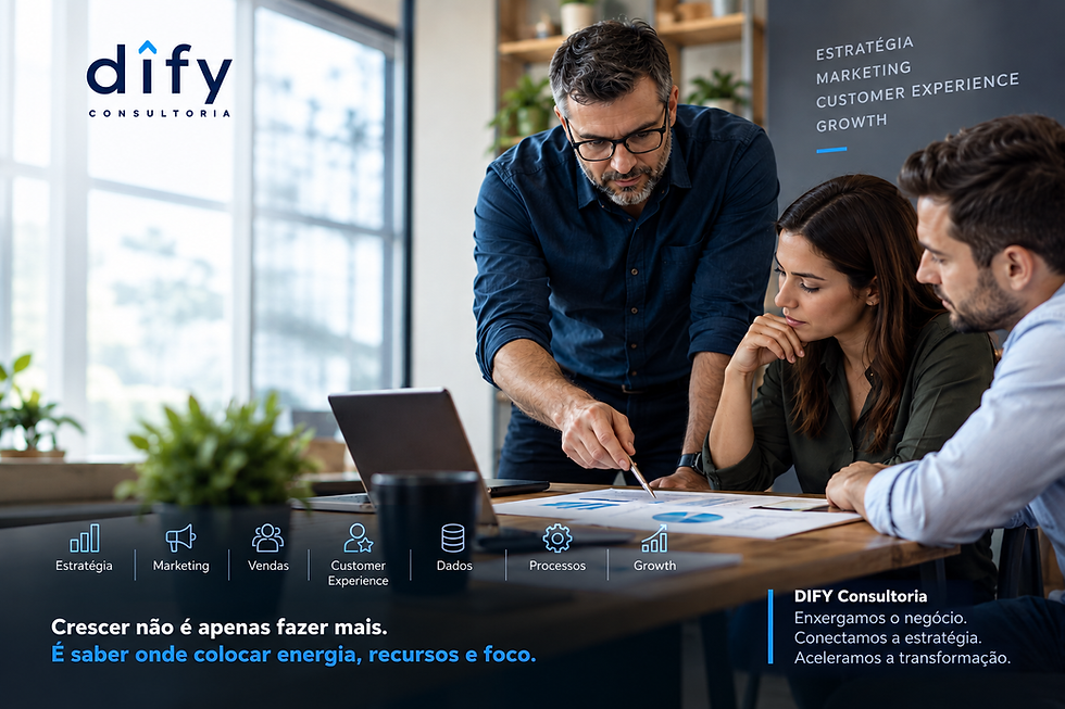 Imagem corporativa realista da DIFY Consultoria mostrando três profissionais reunidos em um escritório moderno, analisando gráficos e informações sobre uma mesa. A composição apresenta a marca DIFY Consultoria e destaca as áreas de Estratégia, Marketing, Vendas, Customer Experience, Dados, Processos e Growth. No rodapé, a mensagem reforça que crescer não é apenas fazer mais, mas saber onde colocar energia, recursos e foco.