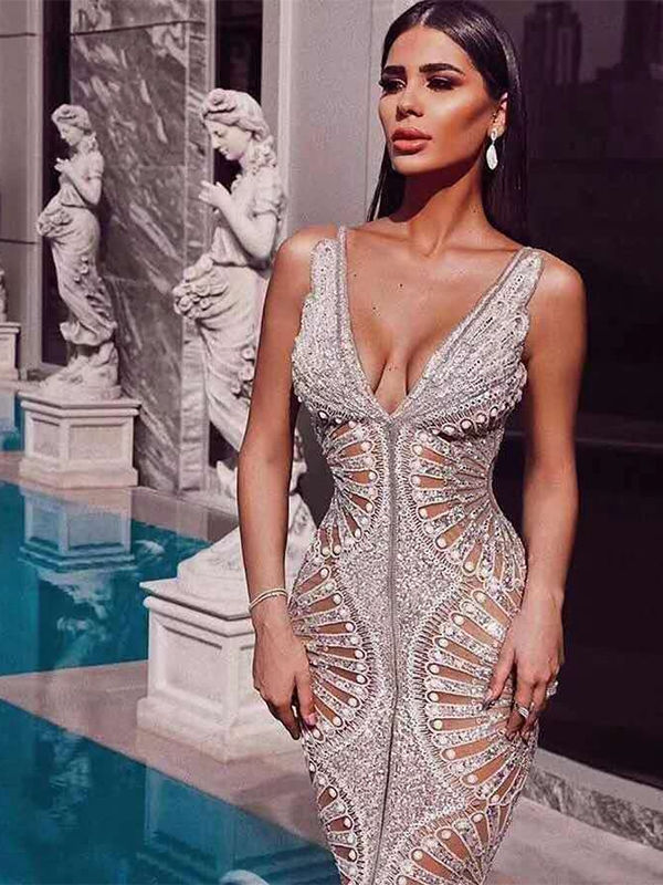 New Sequined Hollow Out Mesh Sexy Long Evening Party Dress