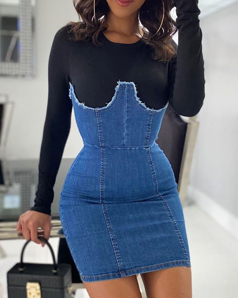 Denim Patch Fringe Hem Colorblock Dress