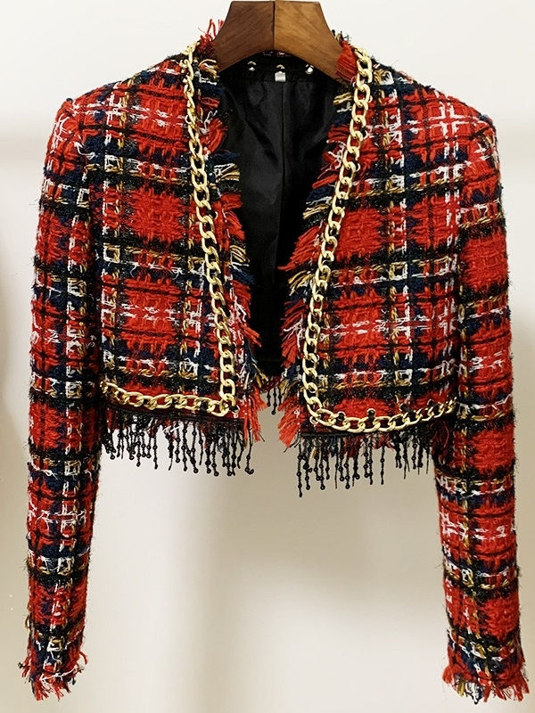 Red Heavy Woolen Jacket Gold Metal Chain Button