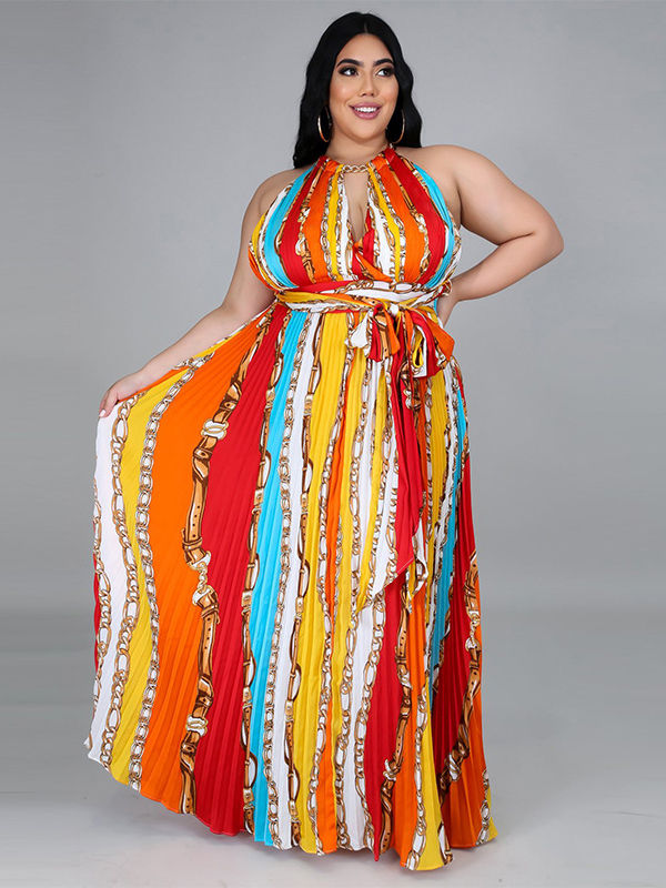 Multicolored Printed Backless Sleeveless Plus Size Maxi Dresses