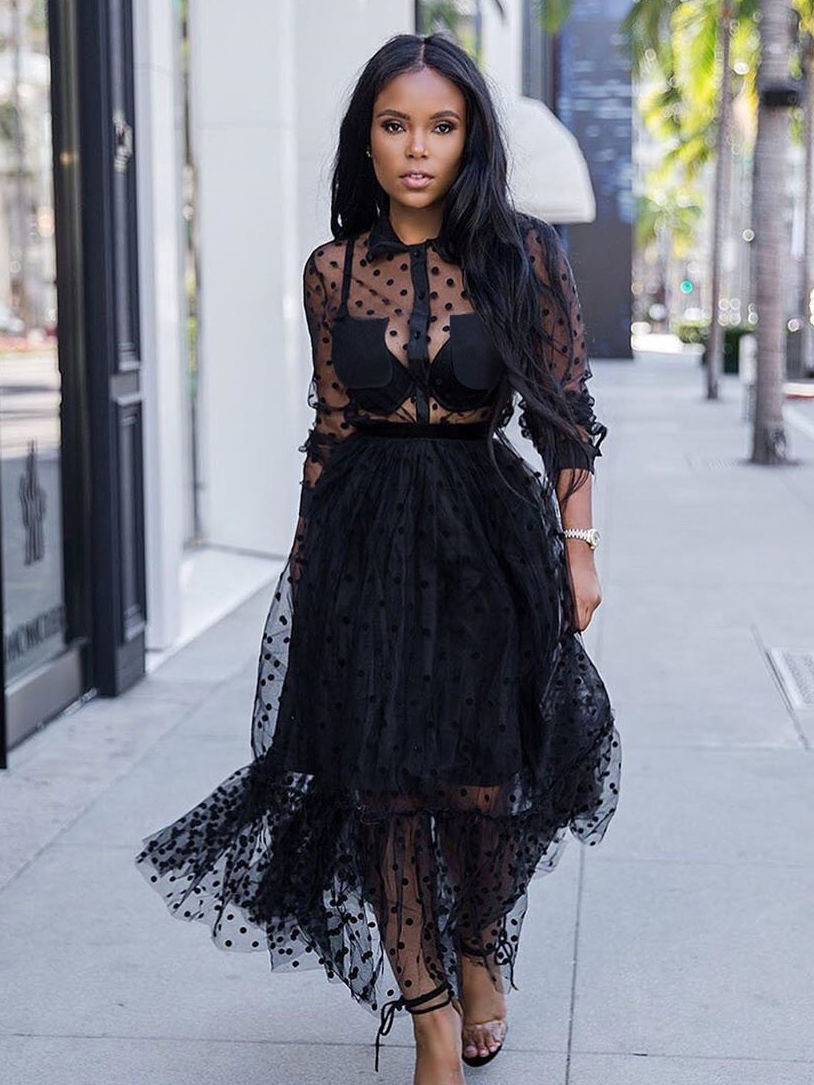 Sexy Polka Dots Perspective Gauze Maxi Dress