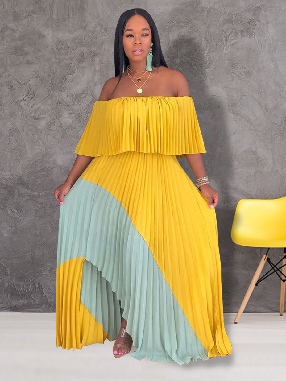Off Shoulder Contrast Color Pleated Maxi Dresses