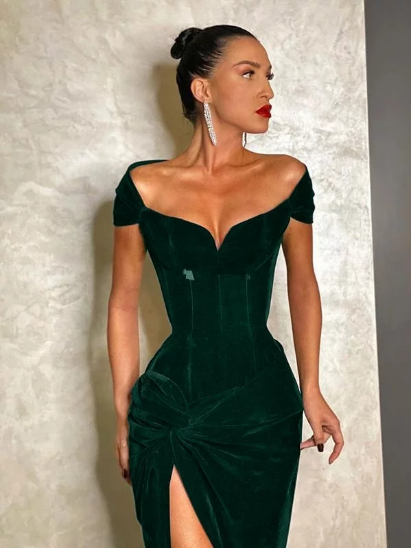Green Velvet Gown Evening Dress V Neck Party Side Slit