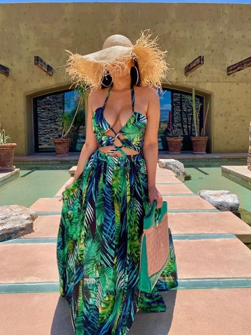 Summer Floral Printed Female Sexy Halter Beach Long Dress