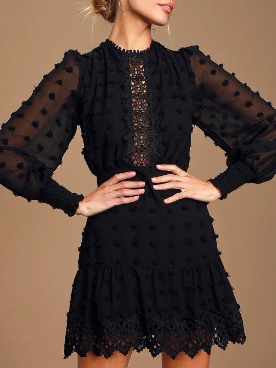 Vintage Lacework Perspective Solid Black Puff Sleeve Dress