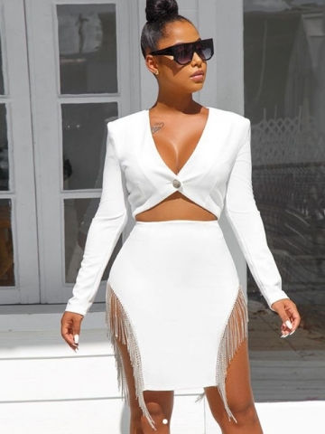 Women Tow Piece Set Diamond Long Sleeve V-Neck Sexy Skirt