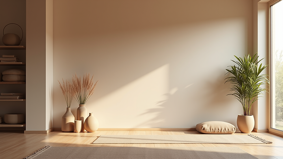 Wide angle view of a serene yoga studio with mats and calming decor