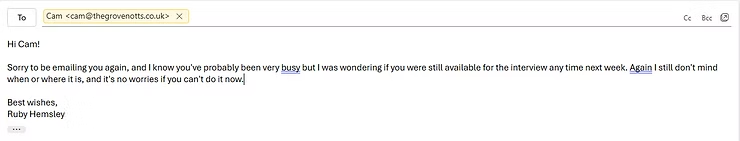 The email I sent back to Cam at The Grove