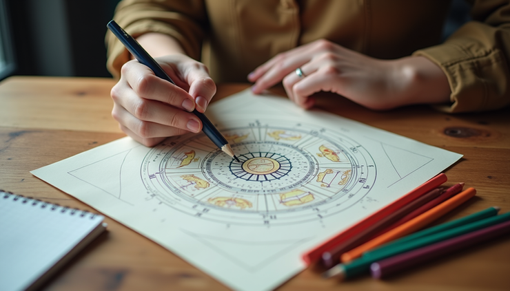 High angle view of a person studying an astrology chart with notes and colored pencils
