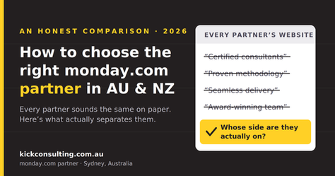 Comparison graphic showing common monday.com partner marketing claims crossed out, with the real question — whose side are they on — highlighted
