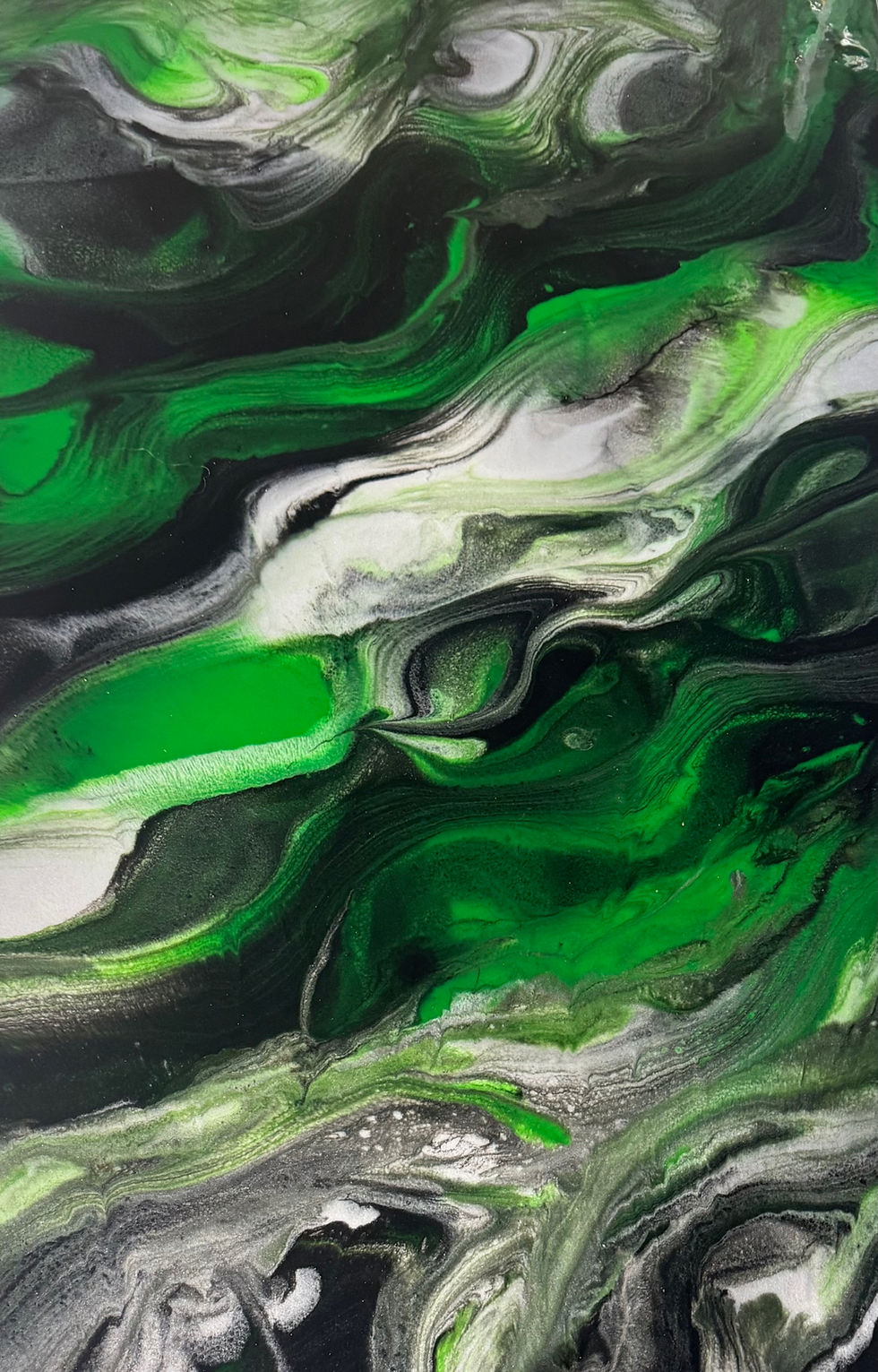 Neon Green, Black, White, and Silver metallic epoxy design by Legacy Resin Coatings LLC