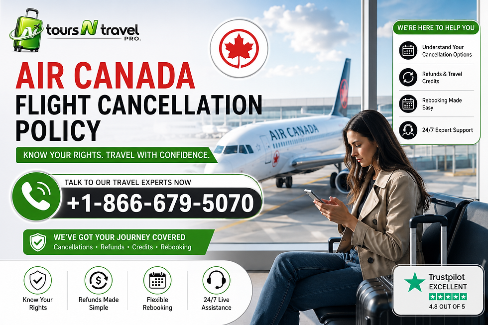 Air Canada flight cancellation policy ad with woman using phone at airport, plane outside, phone number +1-866-679-5070 and Trustpilot badge