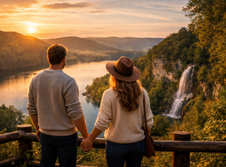 Séjour romantique dans le Jura, couple visitant les Grottes des Moidons et se promenant près des cascades du Hérisson.