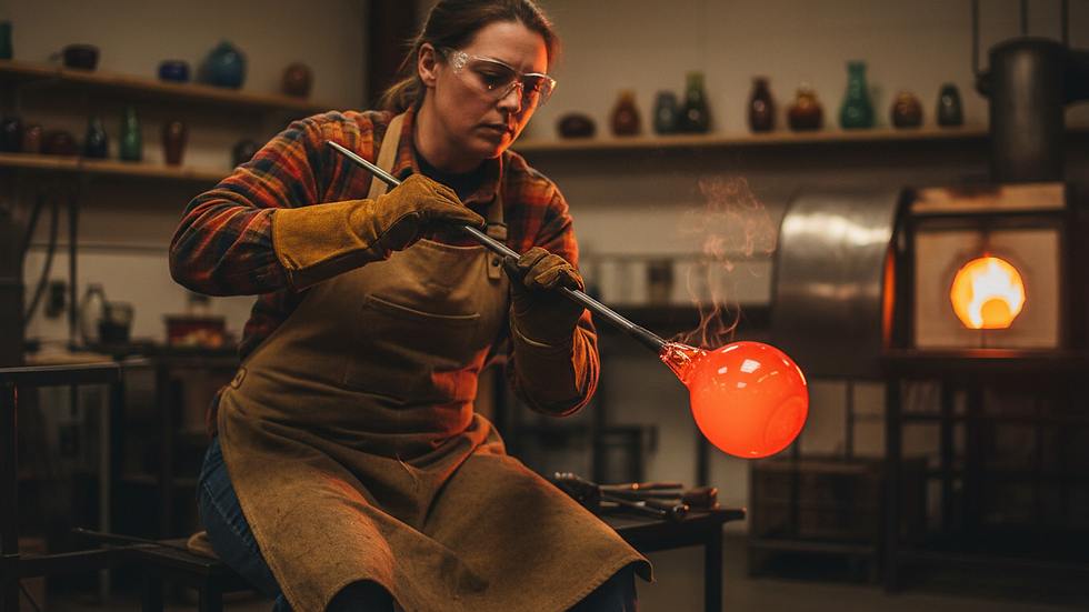 Vue rapprochée d’un souffleur de verre en action avec une boule de verre rougeoyante
