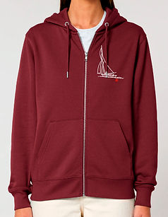 Veste zippée coton bio burgundy avec un visuel blanc d'un bateau
