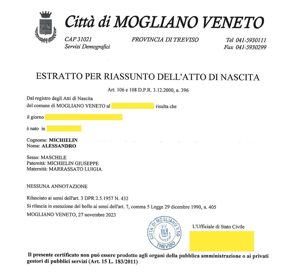 Certidão de nascimento - Mogliano Veneto