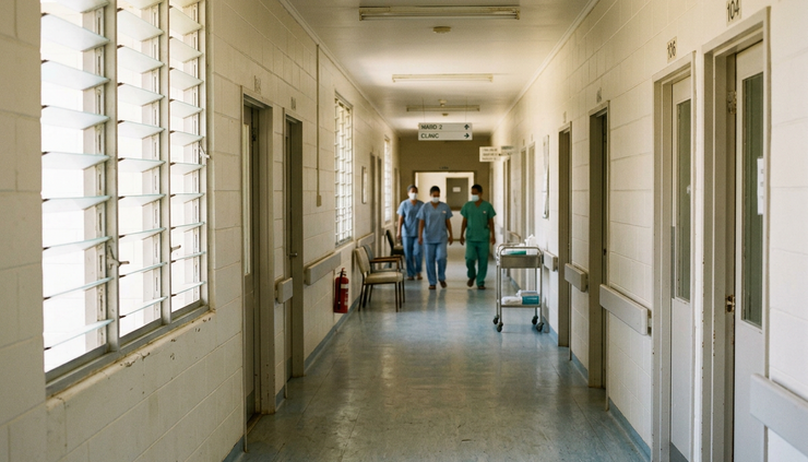 Eye-level view of a quiet hospital corridor with clinical rooms opening from both sides.