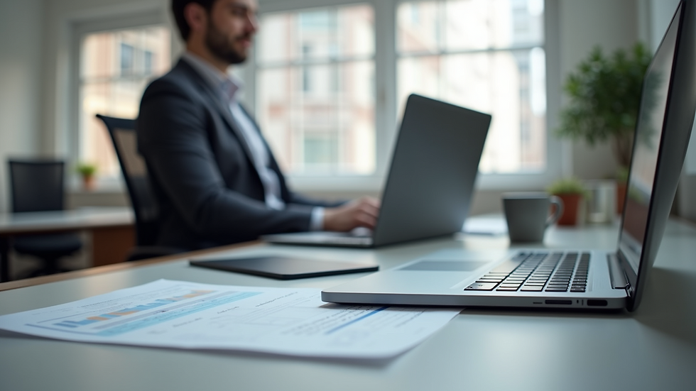 Eye-level view of a modern office workspace with a laptop and documents
