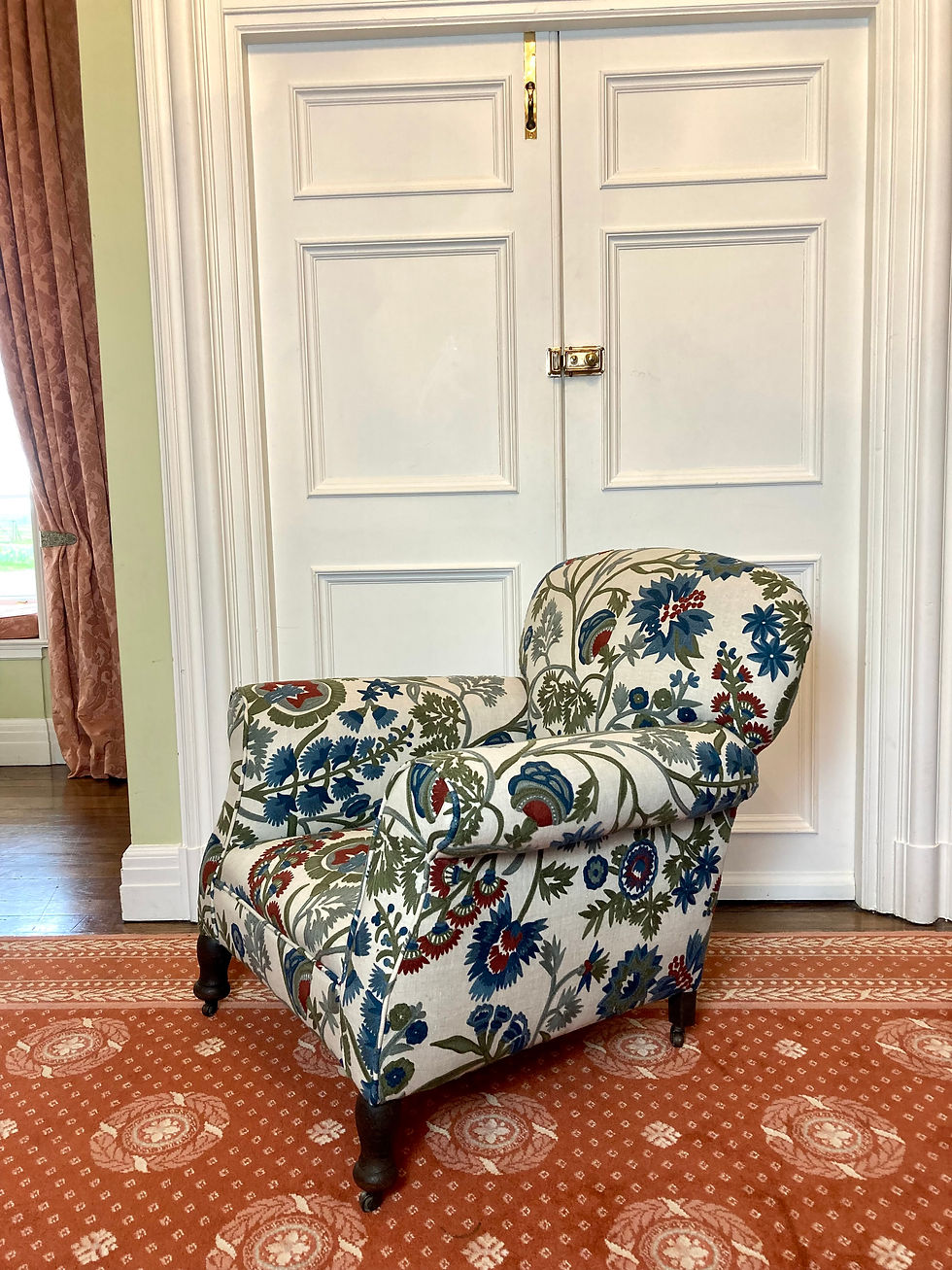 Thumbnail: Antique armchair in Zoffany crewel work fabric