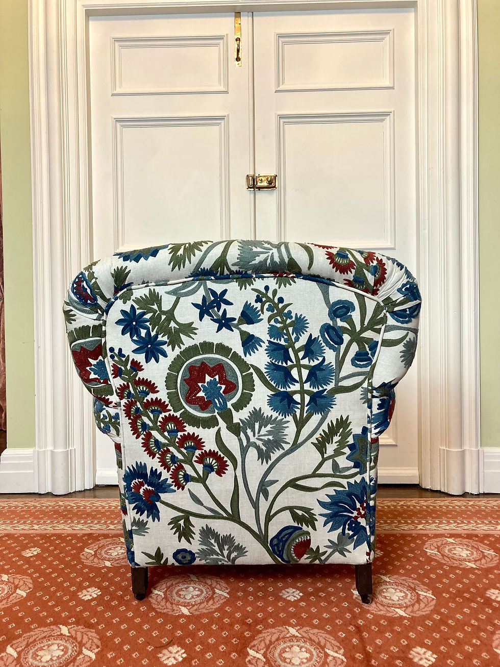 Thumbnail: Antique armchair in Zoffany crewel work fabric