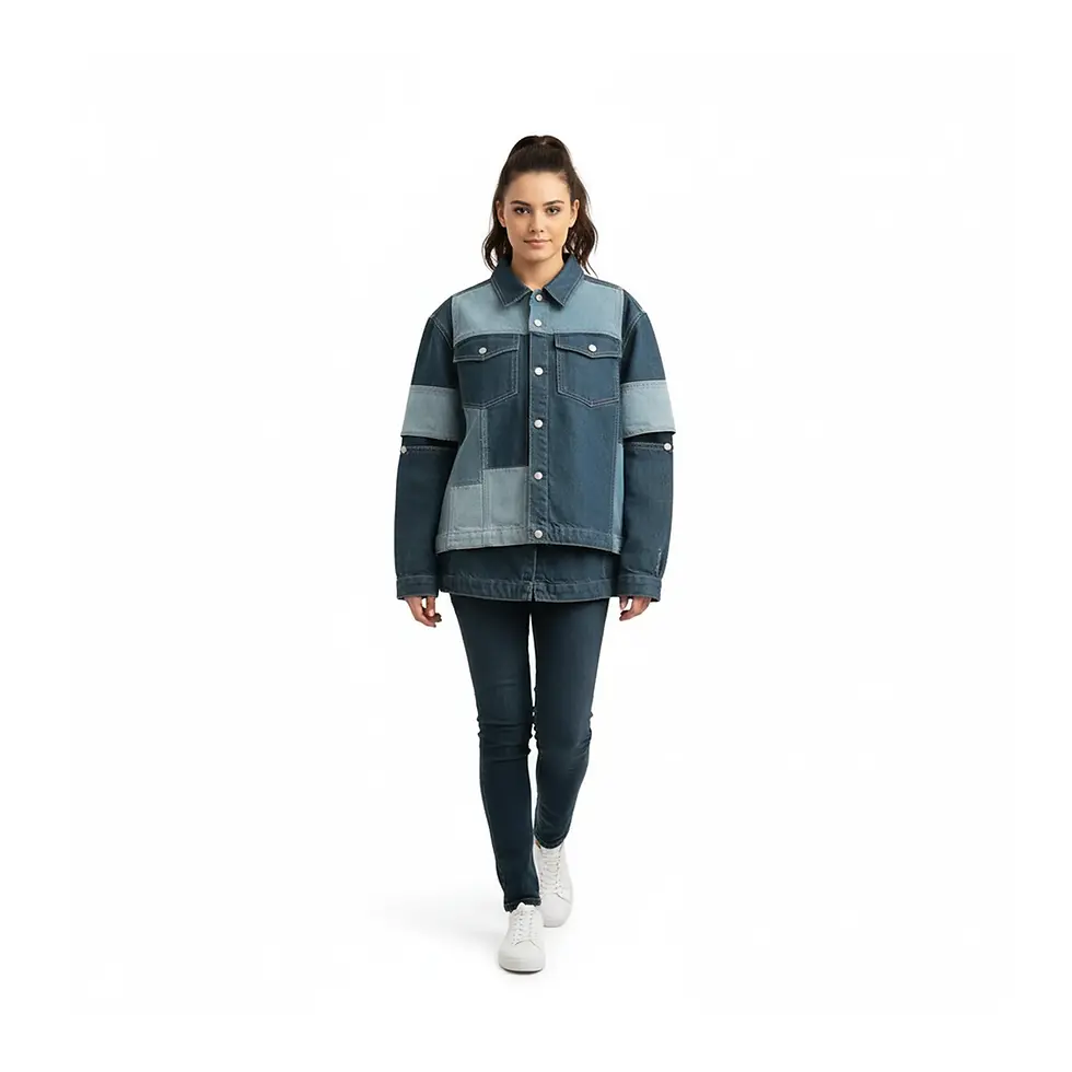 Thumbnail: Full body Upcycled Denim Overlay Jacket gender fluid outfit