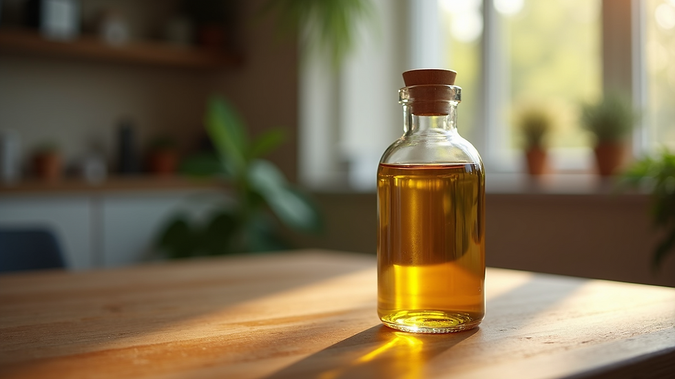 Close-up view of a bottle of shredder oil on a wooden table
