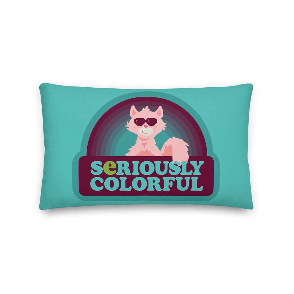 Blue-Yellow Seriously Colorful Cool Cat Pillow showing blue side with cat design