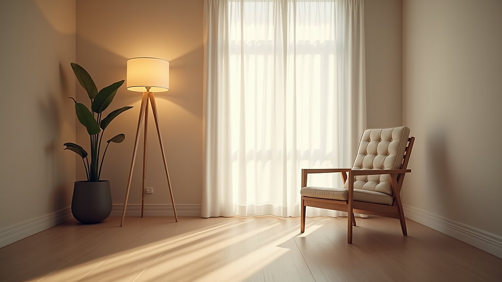 Eye-level view of a calm therapy room with a comfortable chair and soft lighting