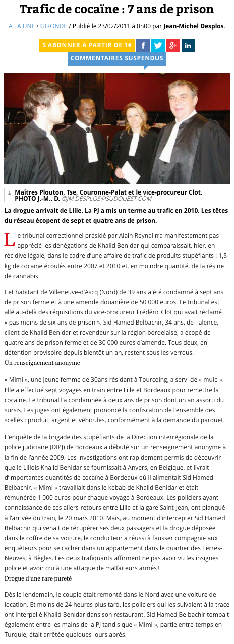 Trafic de cocaïne Anvers-Bordeaux : 7 ans ferme (TC Bordeaux)
