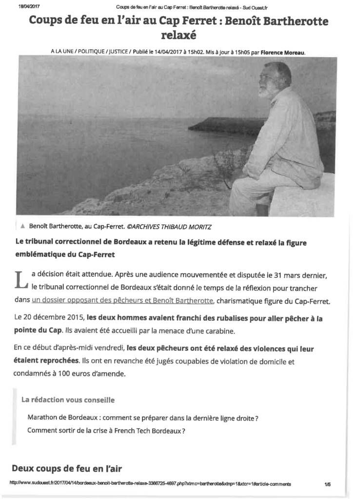Cap Ferret : relaxe de Benoît Bartherotte (légitime défense)