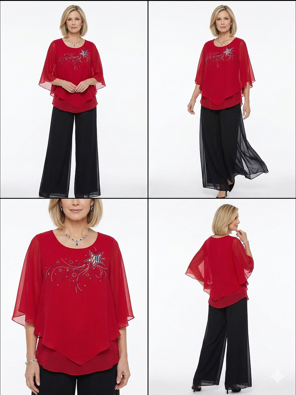Thumbnail: Patriotic Starburst Chiffon Poncho Top Red Grid