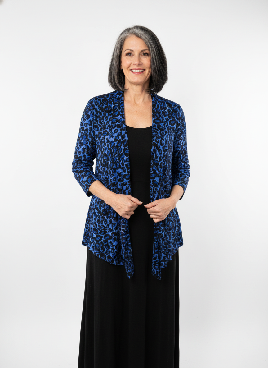 Cobalt Leopard Print Cardigan Front View