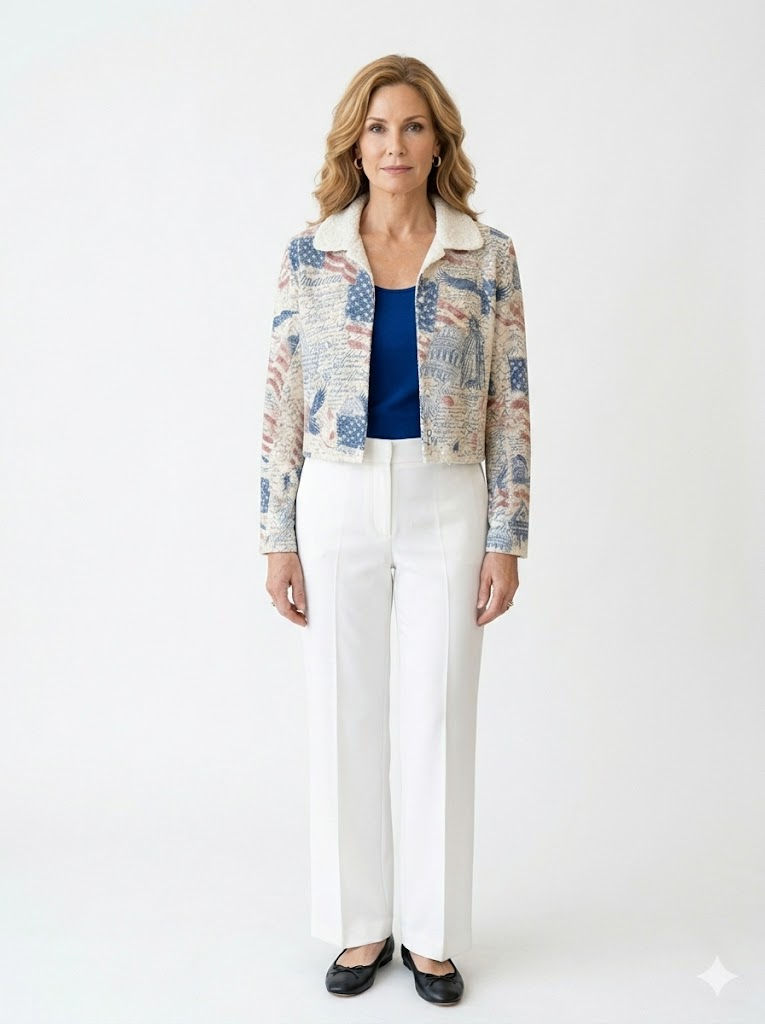 Thumbnail: Patriotic Short Lace Jacket with White Pants