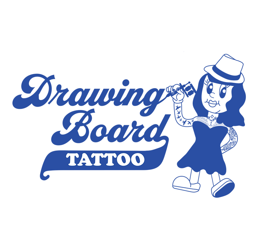 Final retro mascot logo redesign for Drawing Board Tattoo featuring vintage fonts and playful mascot