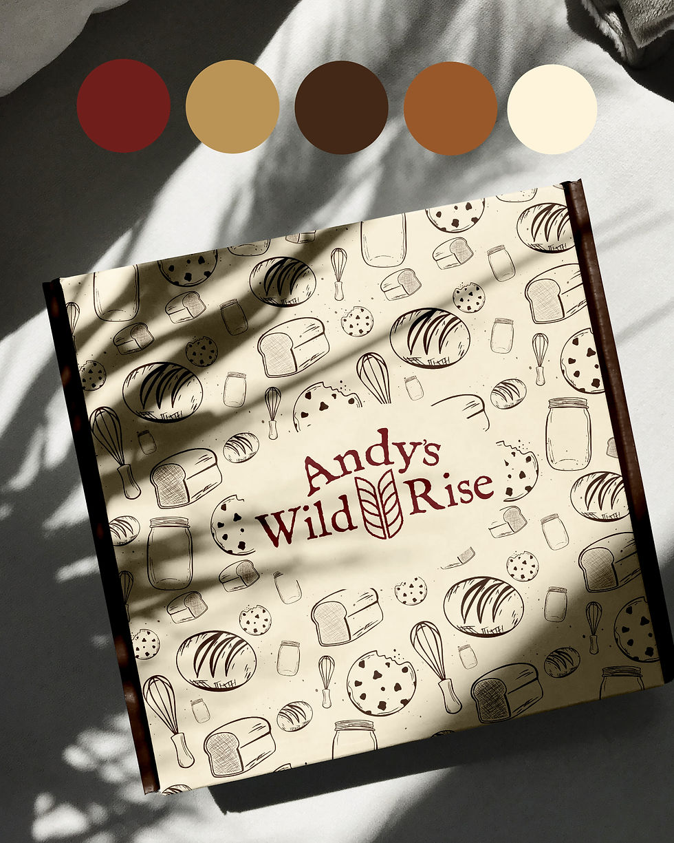 Packaging mockup featuring Andy’s Wild Rise seamless bread pattern on the cover, with the five brand colors (Wildberry, Honey Butter, Espresso, Maple Toffee, Buttermilk) displayed above.