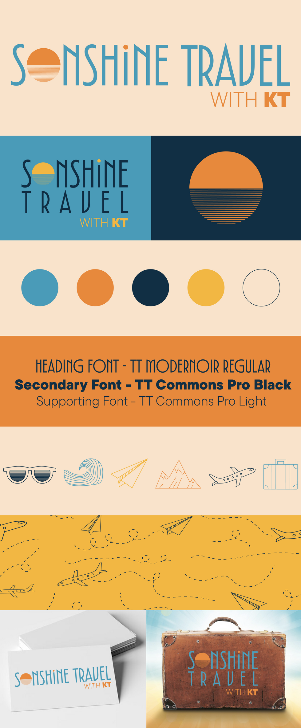 Brand board for Sonshine Travel with KT, featuring the primary logo, secondary logo, submark, custom icons, brand color palette, typography selections, and background pattern with travel-themed illustrations
