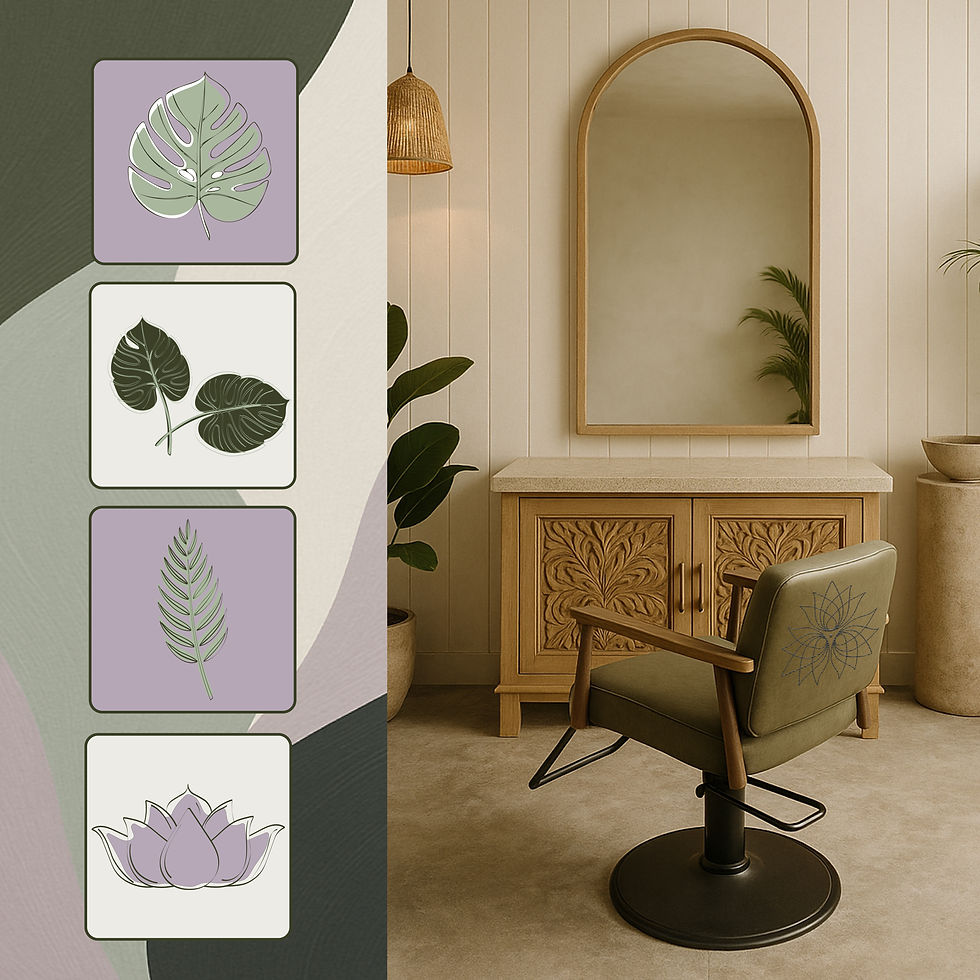 Collage-style image with botanical illustrations in brand colors on the left, and a salon interior mockup on the right featuring a carved wooden vanity, soft lighting, and a custom lotus mark embroidered on a green salon chair.