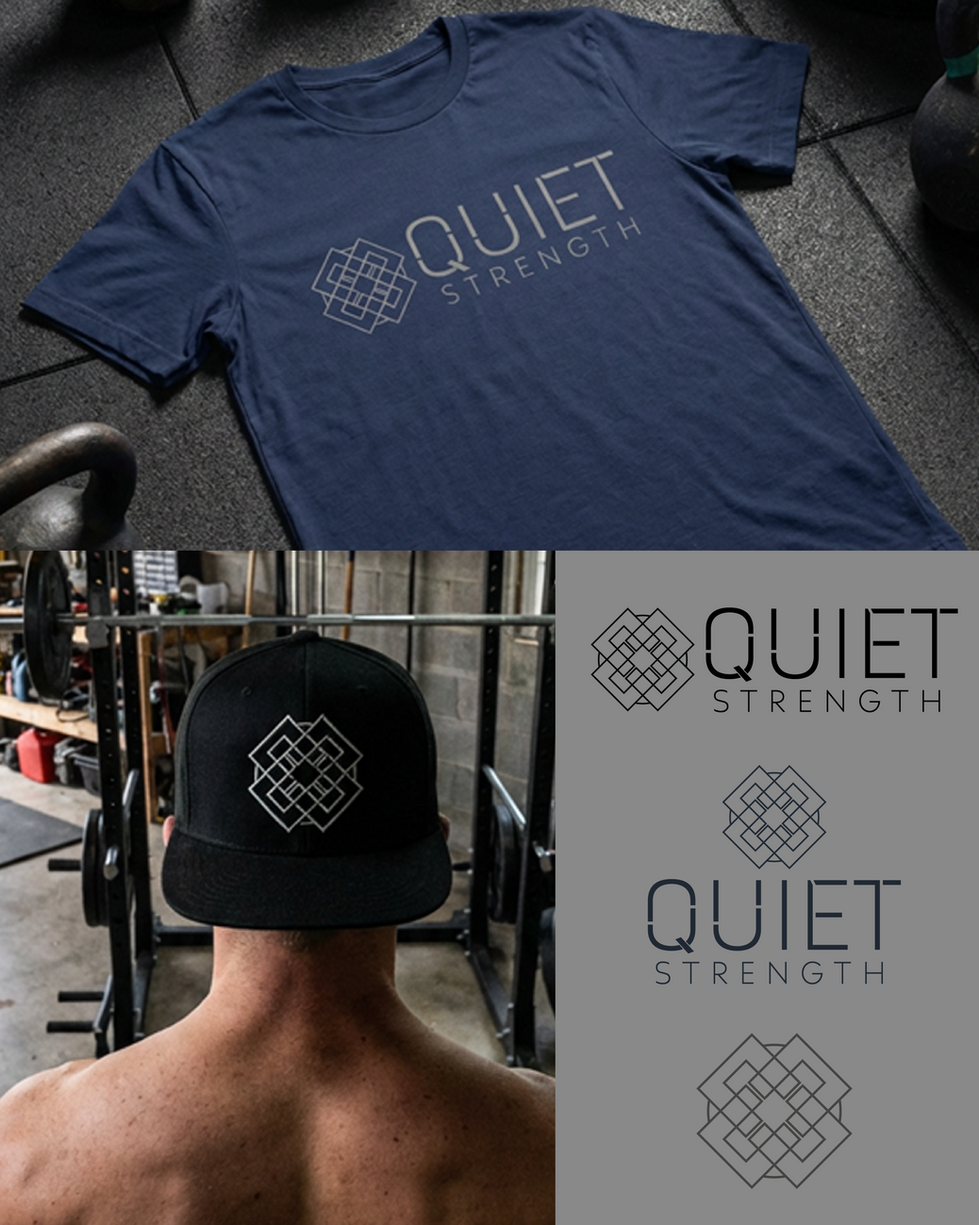 Quiet Strength merchandise mockups including hat and shirt with neutral fitness branding