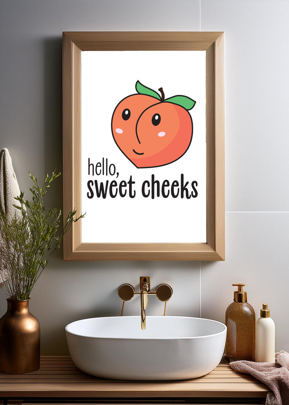 Bathroom print with the phrase 'Sweet cheeks' in playful, modern typography