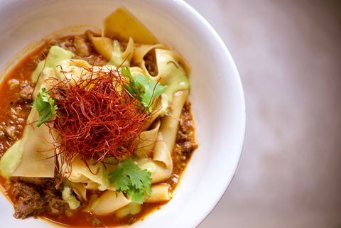Pappardelle tossed in braised lamb neck & avocado vinaigrette