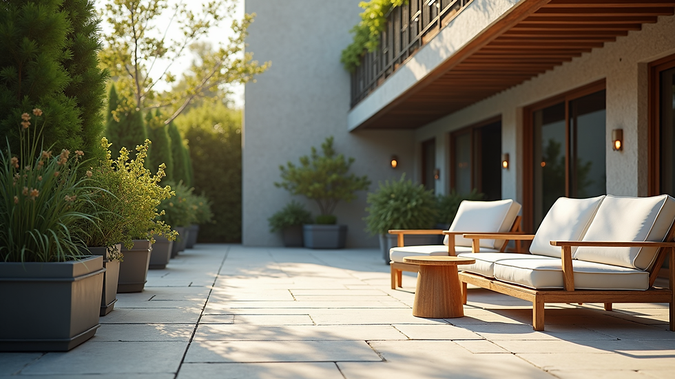 Eye-level view of a clean stone patio with outdoor furniture