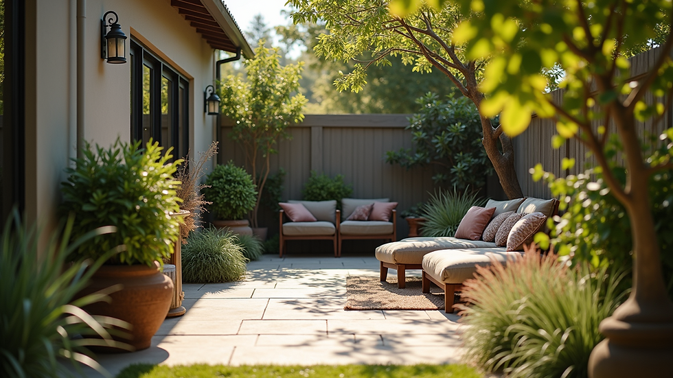 Eye-level view of a cozy backyard patio with native plants and soft lighting