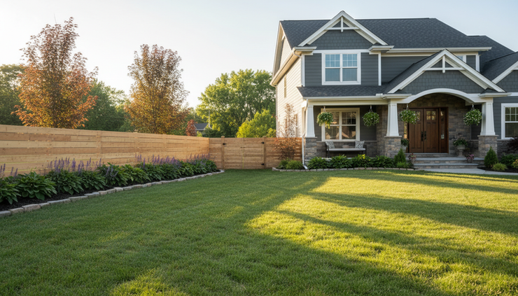 Wide-angle view of a front yard with a clean new fence framing a well-kept home