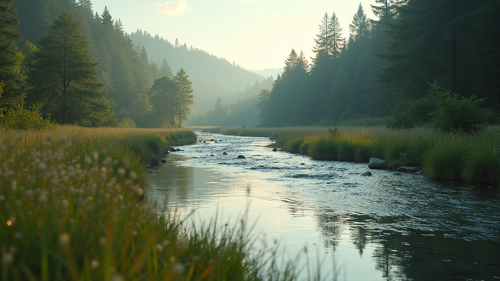 Wide angle view of a serene landscape with a winding river