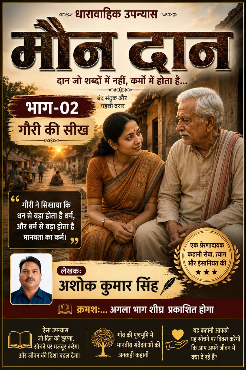Poster in Hindi shows an elderly man and woman talking in a village at sunset, with bold title and text about dignity and labor.