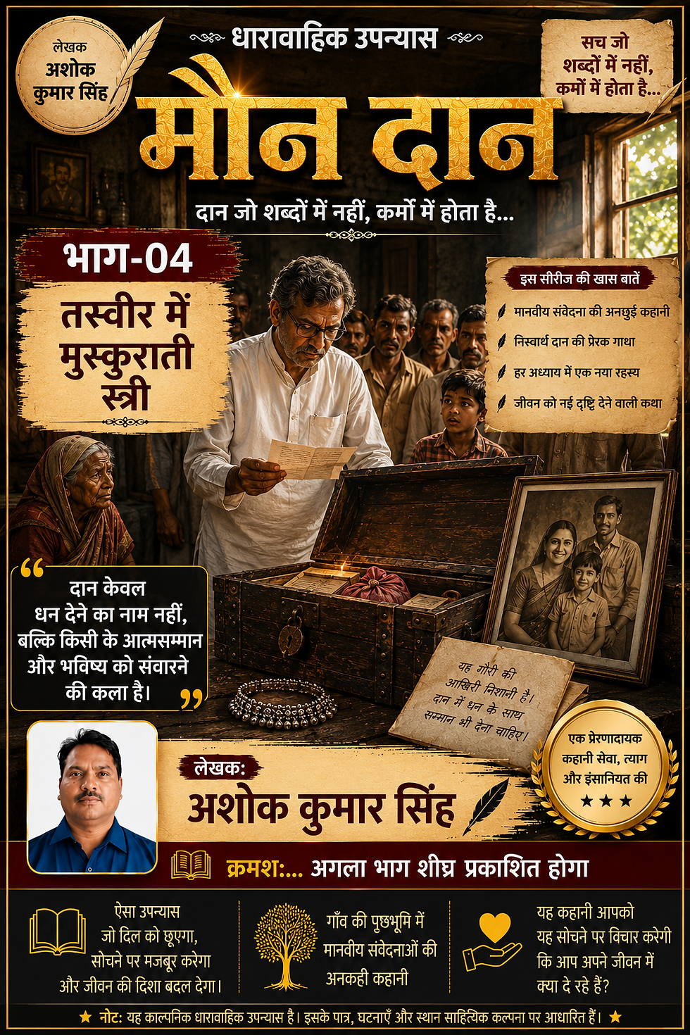 धारा वाहिक उपन्यास मान दान के लिए हिंदी पुस्तक-कवर पोस्टर, जिसमें एक आदमी एक मंद कमरे में खुली संदूक के पास एक पत्र पढ़ रहा है।