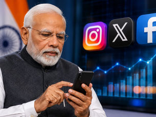 मोदी स्मार्टफोन चलाते, पीछे Instagram, X और Facebook आइकन व बढ़ती ग्राफ; डिजिटल, गंभीर माहौल