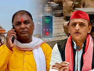एक मंदिर में पारंपरिक कपड़ों में दो आदमी हैं; एक फ़ोन पर बात कर रहा है और दूसरा माइक्रोफ़ोन के पास है, और स्क्रीन पर कॉल टाइमर दिख रहा है।