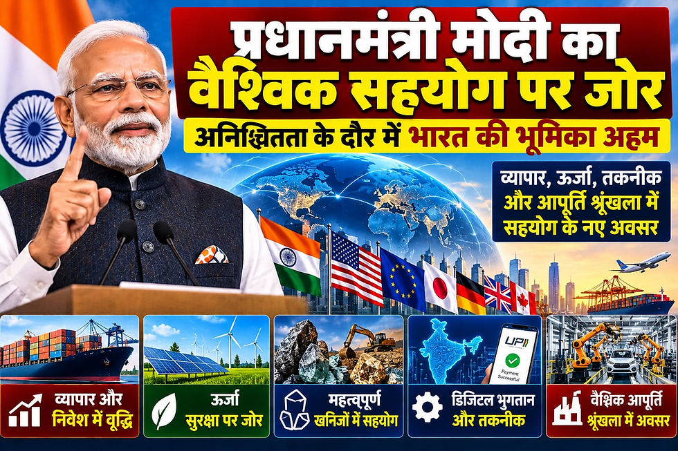 प्रधानमंत्री मोदी भाषण देते, पीछे विश्व मानचित्र व कई देशों के झंडे; व्यापार, ऊर्जा, खनिज, यूपीआई, रक्षा निवेश का संदेश